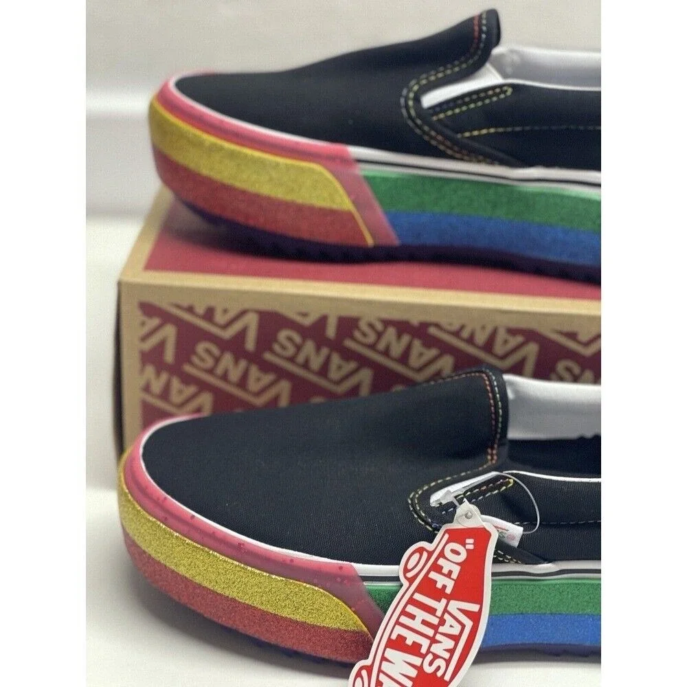 Vans Sneakers Classic Slip On Platform Black Glitter Rainbow Women 5.5 Pride New